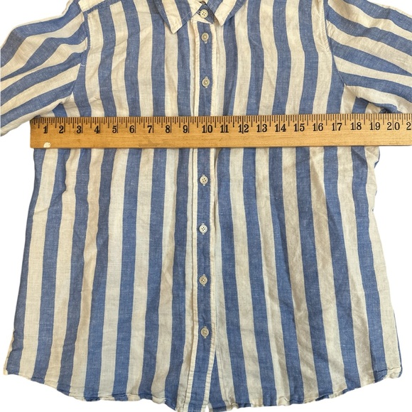 J Crew Linen Shirt M Blue White Stripe Long Sleeve Oxford Collar Preppy Beach - Picture 8 of 8